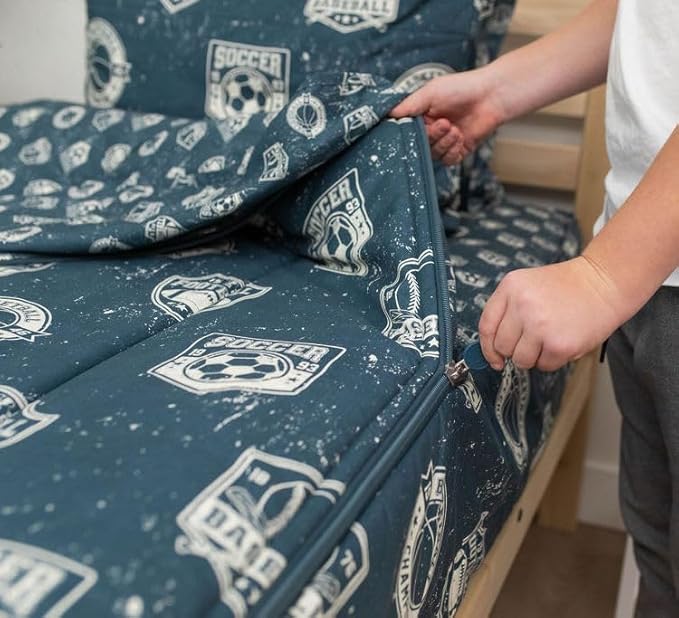 Beddy's Sports Theme Boys Durable Zipper Bedding for Kids, Bed in a Bag, Blue Sheets with Baseball, Football, Basketball, Soccer Comforter, Pillowcase & Pillow Sham, Easy to Make & Wash