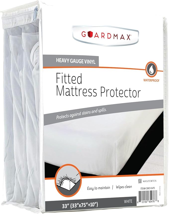 Guardmax Heavy Gauge Vinyl Cot Size Mattress Protector - Waterproof & Dust Proof Mattress Cover with Stretchable Pockets - Soft, Comfortable, & Noiseless Waterproof Fitted Sheet.(33 x 75 X 10)
