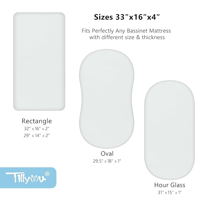 TILLYOU Baby Bassinet Sheets for Girls Boys, Fit for Hourglass Oval Rectangle Bassinet Mattress Sheets, 33”X16”, 2 Pack Gray and Green