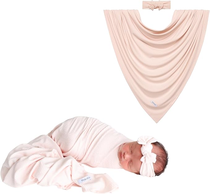 Posh Peanut Swaddle Blanket & Headband Set – Viscose from Bamboo Stretchy Baby Swaddle for Newborn Girls, Receiving Blanket or Nursing Cover (Sandy Blush)