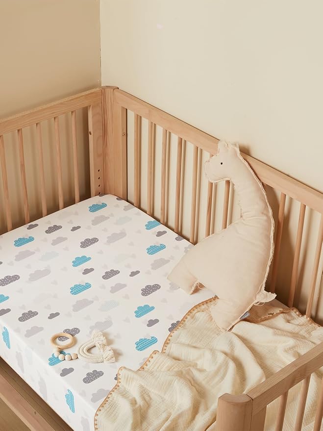 TILLYOU Baby Crib Sheets for Boys Girls, Super Soft Toddler Bed Sheets, 2 Pack Sheets for Standard Crib Mattress 28x52in, Blue Clouds and Stars