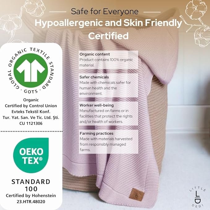 100% Organic Cotton GOTS Certified Baby Knitted Blanket with Gift Box - Soft Toddler, Crib, Stroller Blanket - Neutral Swaddle and Receiving Blanket for Newborns, 30"x40", Lavender Frost
