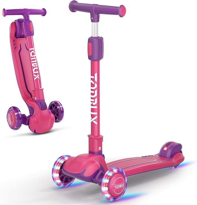 TONBUX Kids Scooter, Light Up 3 Wheel Kick Scooters for Kids 3-12, Folding Scooters with Adjustable Height - Toddler Scooter Lean-to-Steer & Widen Anti-Slip Deck