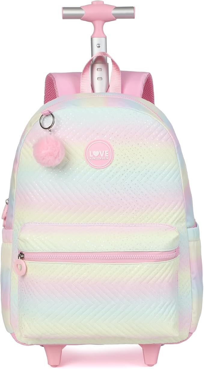 kingdisen Rolling Backpack with Wheels School Trolley Laptop Bag with Lunch Box 3pc Set for women (PU PINK)