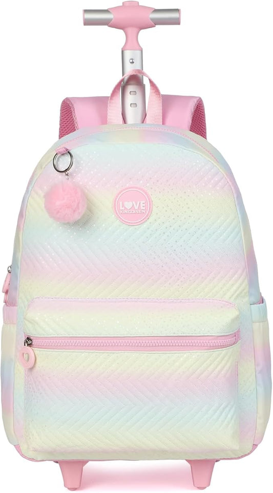kingdisen Rolling Backpack with Wheels School Trolley Laptop Bag with Lunch Box 3pc Set for women (PU PINK)