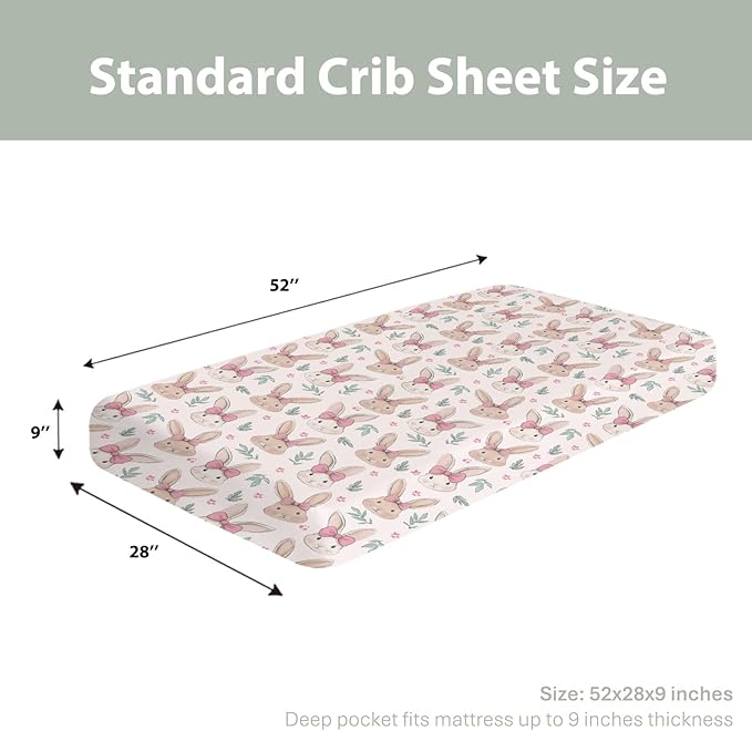 Easter Bunnies Pink Bows Baby Crib Sheets for Boy Girl 52"x28" Cute Rabbit Leaves Soft Stretchy Fitted Crib Mattress Cover Spring Garden Animal Baby Sheet for Standard Crib and Toddler Bed Mattress