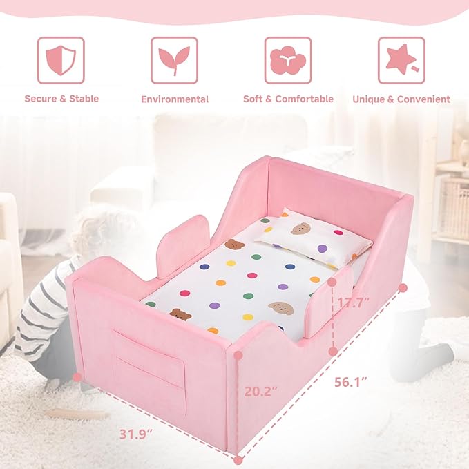 Toddler Floor Bed with Removable Safety Rails and Storage Bag, Kids Bed for Girl and Boys, Standard Crib Size, Safety Upholstered Child Beds, Low to Floor Design
