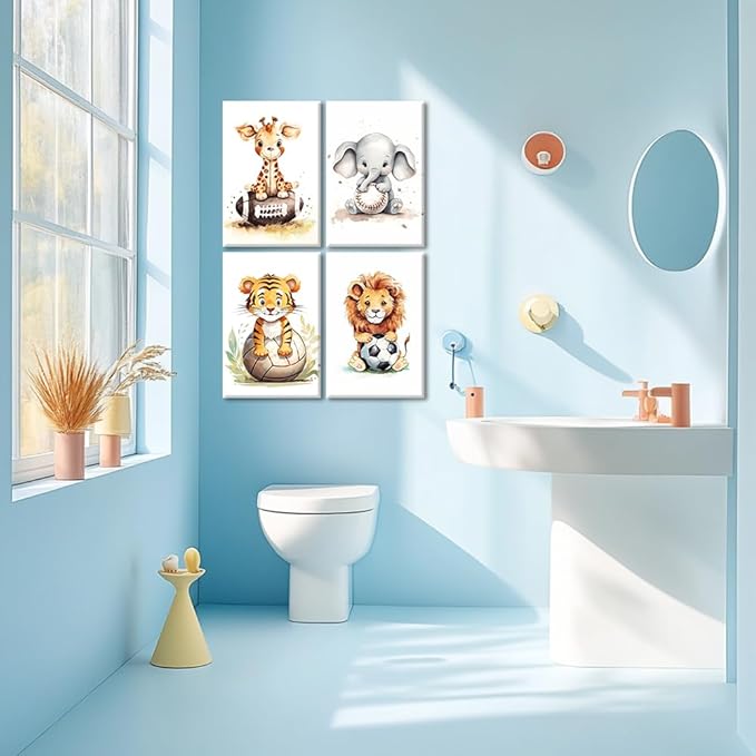 Nursery Animal Wall Art 4 Piece Cute Giraffe Elephant Tiger Lion Canvas Prints Sport Animals Paintings Watercolor Pictures for Kids Room Nursery Decor Frame(Animal-3,12.00" x 16.00" x 4Pcs)