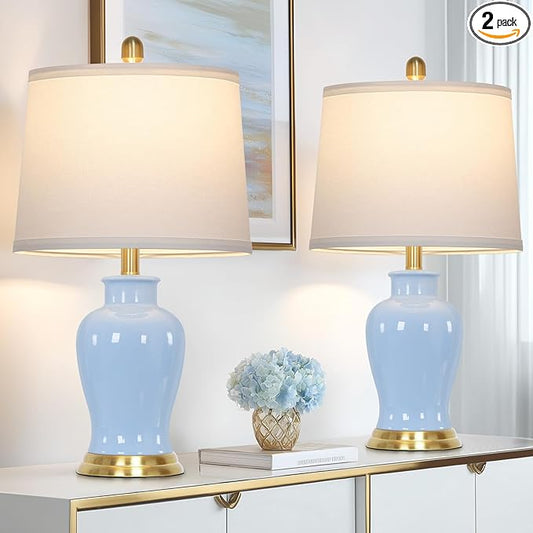 luxeflow Blue Ceramic Table Lamps Set of 2, 23" Coastal Ceramic Lamps with Ginger Jar Design, Modern Bedside Lamp for Living Room End Table, Elegant Bedroom Lamp for Nightstand Desk Side Home Decor