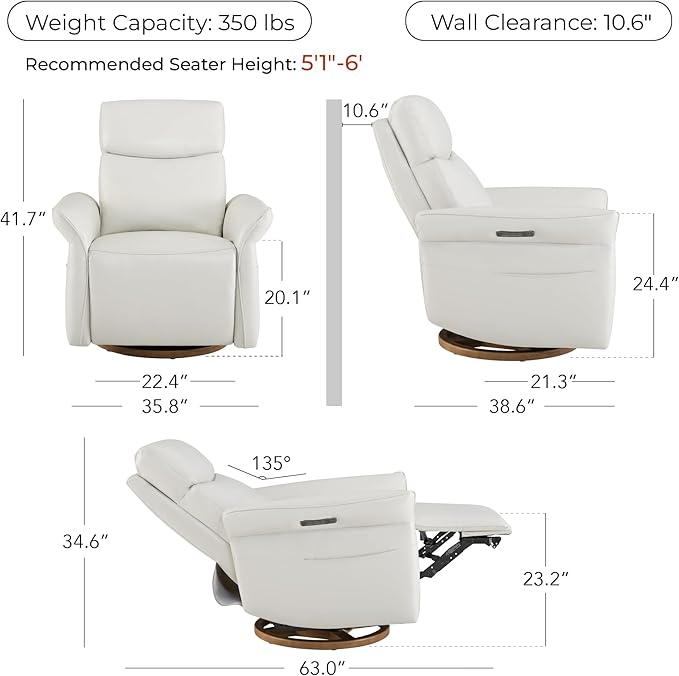 CHITA Genuine Leather Power Recliner Chair, Electric Triple-Motor Swivel Glider Nursery Rocking Chair with Adjustable Power Headrest and Lumbar Support, Solid Wood Base, Creamy Grey