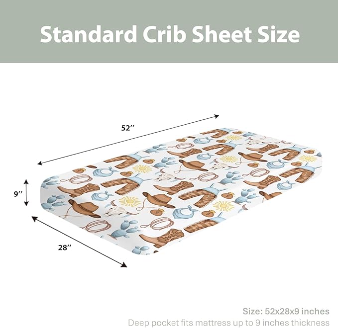 Cute Blue Western Cowboy Baby Crib Sheets for Boy 28"x52" Cowboy Boots Hat Cactus Skull Sun Soft Snug Fitted Crib Mattress Cover Wild West Desert Baby Sheet for Standard Crib & Toddler Mattress