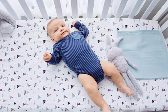 TotAha Premium Stretchy Crib Sheets (2-Pack)-Hypoallergenic, Silky Comfort, Buttery Soft, Calming Effect, All-Season Jersey-Knit Sheets, 28 X 52 X 9'' Extra Deep Pocket (Balloon & Sailboat)
