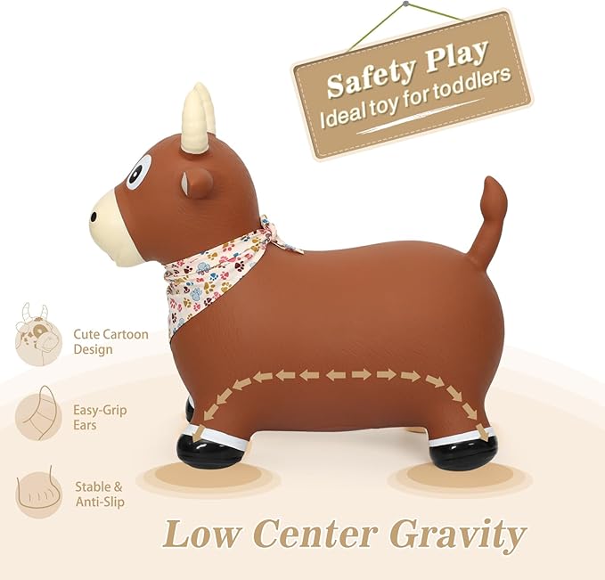 INPANY Bouncy Bull Farm Animal Hopping Toys for 1 2 Year Old Boy Gifts, Ride on Toddler Brown Cow Hopper, Kids Inflatable Jumping Horse, Outdoor Indoor Rubber Bouncer for 3 4 Yr Girl Birthday