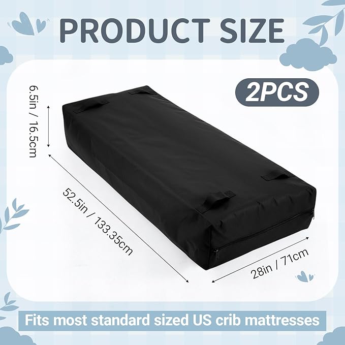 2 Pcs Oxford Cloth Waterproof Crib Mattress Storage Bag with Zipper and 8 Reinforced Handles Heavy Duty Reusable Crib Mattress Cover for Storage, 52.5 x 28 x 6.5 Inches (Black)