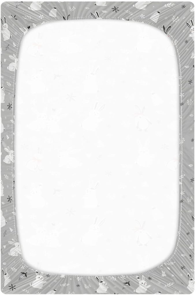 Pfrewn Christmas Crib Sheets for Boys Girls Cute White Bunnies Snow Fitted Crib Sheet Fits Standard Crib Mattress Pads Winter Pattern Stretch Soft Toddler Baby Sheet,52x28IN