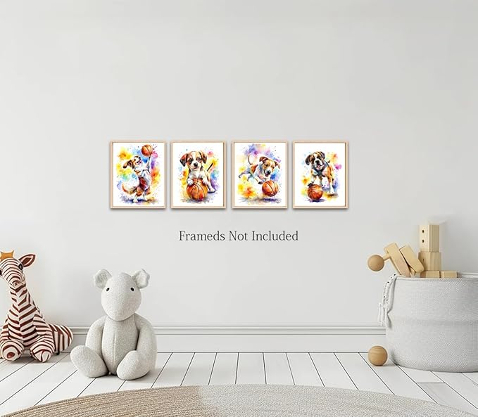 LNLAGBO Funny Dog Canvas Wall Art Prints,Watercolor Dog Plays Basketball Wall Art,Running Dogs Poster,Lovely Animal Decoration for Living Room Bedroom Office Set of 4(8"x10"Unframed)