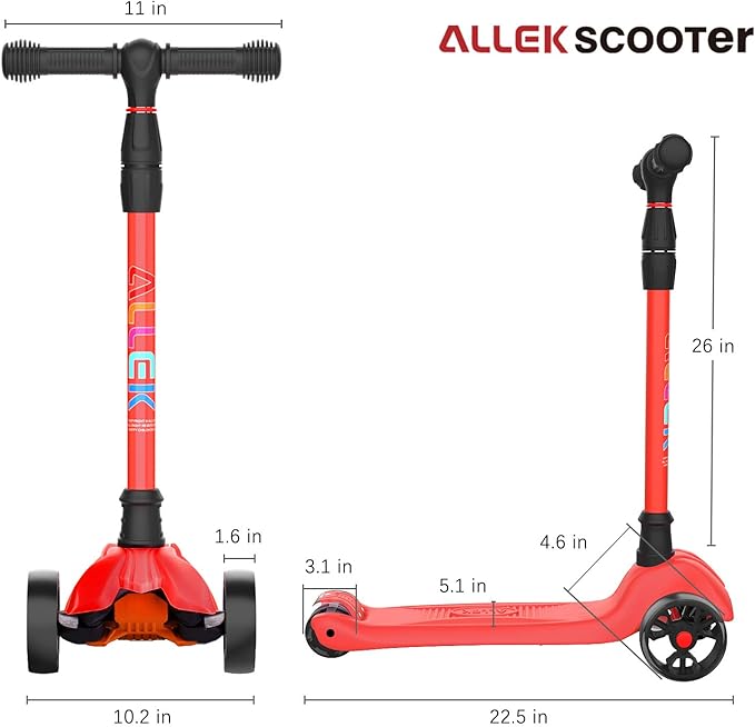 Allek Kick Scooter B02, Lean 'N Glide Scooter with Extra Wide PU Light-Up Wheels and 4 Adjustable Heights for Children from 3-12yrs (Red)