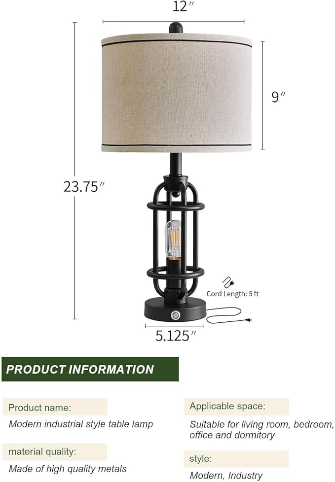 G-SAFAVA 23.75'' Industrial Black Metal Table Lamps Living Room Lamp for Nightstand Bedroom lamp Single Bedside End Side Table Lamps Home Decor Touch Lamp Modern Lamps with USB Ports, Bulbs Included