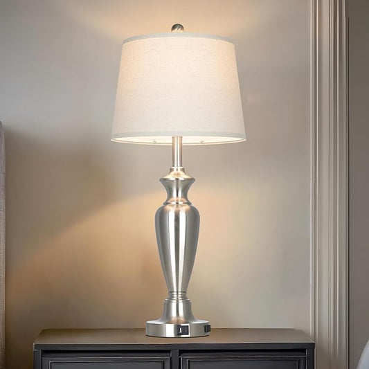 Cinyirong 30" Tall Silver Table Lamp for Living Room, 3-Way Dimmable Touch Control Bedside Lamp for Bedroom Nightstand with USB A+C Ports & AC Outlet (1 Pack)