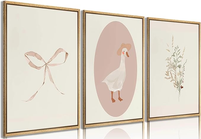 3Pcs Girls Nursery Wall Art Vintage Goose Wall Decor Pictures Pink Bow Poster Prints Kids Room Painting Artwork for Girls Room Bedroom Living Room Home Decoration,16x24in