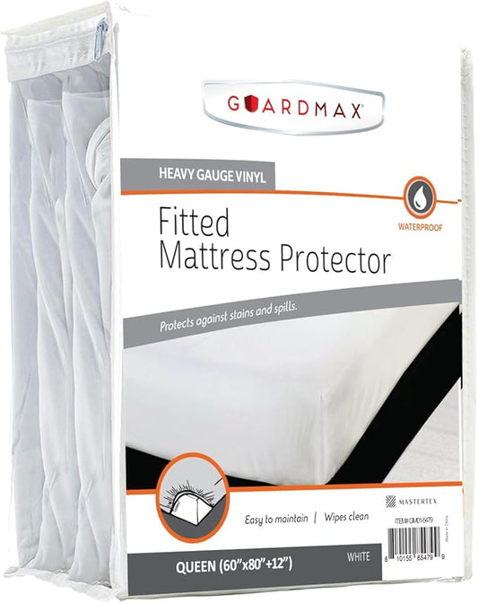Guardmax Heavy Gauge Vinyl Queen Size Mattress Protector - Waterproof & Dust Proof Mattress Cover with Stretchable Pockets - Soft, Comfortable, & Noiseless Waterproof Fitted Sheet.(60 x 80 x 12)