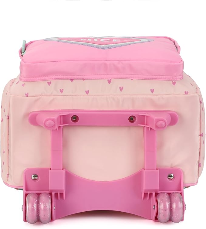 kingdisen Wheels Rolling Kids Backpack for Elementary Luggage School Trolley Bag with Lunch Box 3pc Set (HEART PINK)