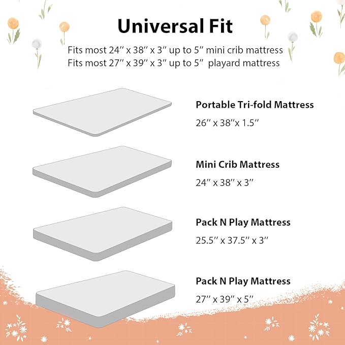 Baby Mini Crib Sheets Girl, Portable 38”x26” Pack and Play Sheets Fitted for Playard and Pack N Play Mattress, 3-Pack Soft Microfiber Orange Watercolor Flower