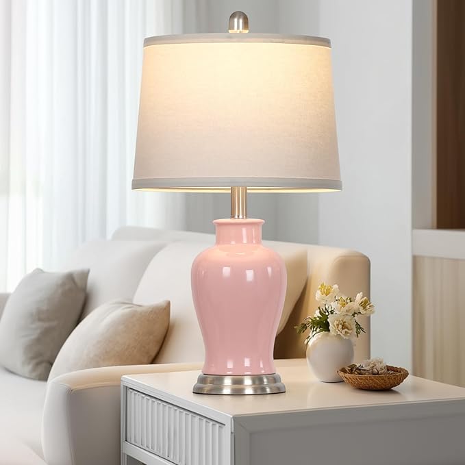 LUXEFLOW 23" Pink Ceramic Table Lamps for Living Room, Modern Ceramic Lamps with Ginger Jar Design, Cute Bedside Lamp Set of 2, Elegant Bedroom Lamp for Nightstand Dining Room Side End Table Homedecor