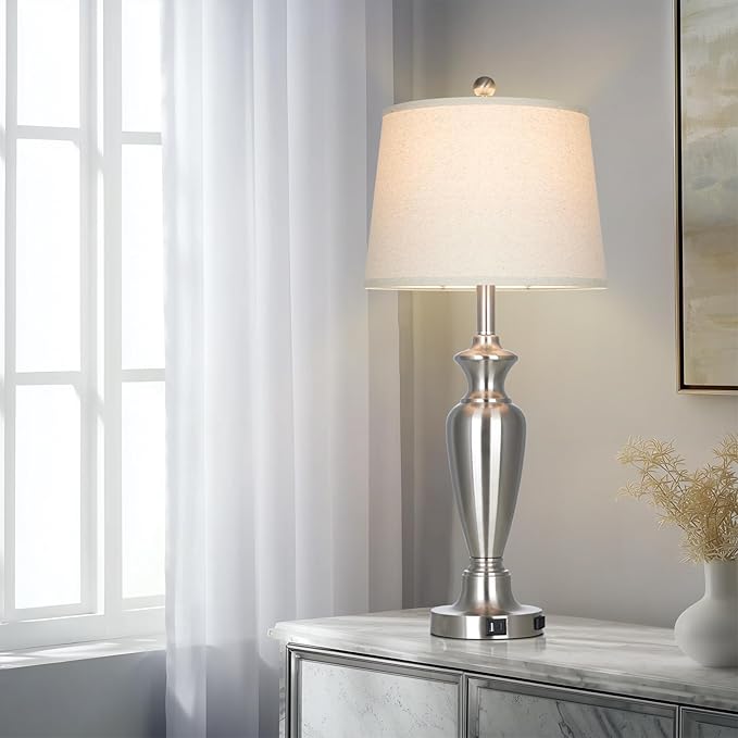 luxeflow 30" Tall Silver Table Lamps Set of 2 for Living Room, Touch Control Bedside Lamps for Nightstand, 3-Way Dimmable Bedroom Table Lamp with USB A+C Ports and AC Outlet (2 LED Bulbs Included)