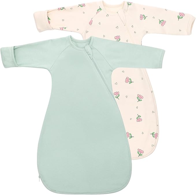 Baby Transitional Swaddle Sack Arms Up Length Sleeves Mitten Cuffs 2 Pack 6-12 Months, Cotton Wearable Sleeping Bag Swaddling Blanket for Babies Boys Girls Sleep Sacks Snug Fit Calms Startle Reflex