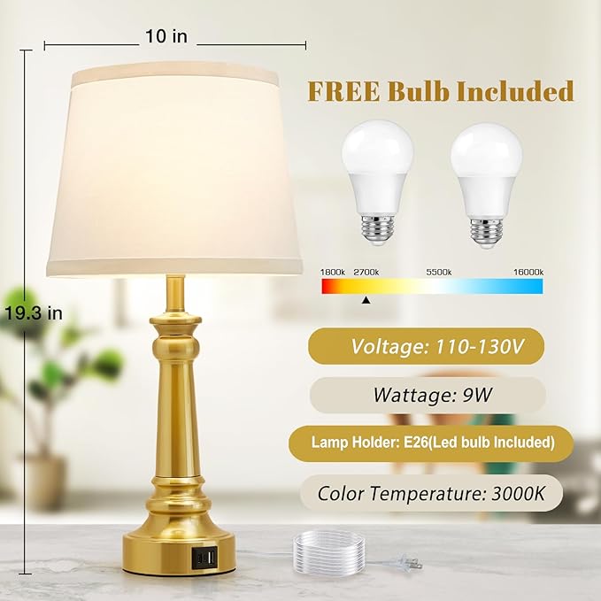 EJIAXIN Touch Lamps for Nightstand Set of 2 - Gold Table Lamp for Bedroom Dimmable Bedside Lamps with USB C+A Ports - Lamps for Night Stands Living Room End Table,2 LED Bulbs Included