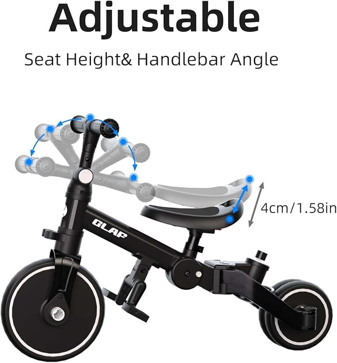 Glaf Tricycle for Toddlers 1-3 Toddler Bike with Push Handle 2-4 Years Baby Bike Toy for 1 Year Old Boys and Girls Balance Bike with Removable Pedal, Backrest, Adjustable Seat, Gifts （Black