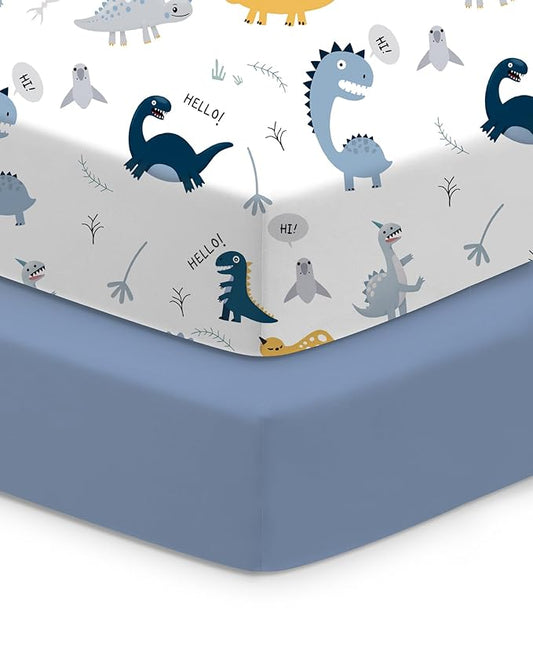 Baby Crib Sheets Boy Girl for Standard Crib Mattress - Dinosaur+Blue, Soft and Stretchy, Snug and Cozy, Fits 28''x52''x9'' Extra Deep Pocket