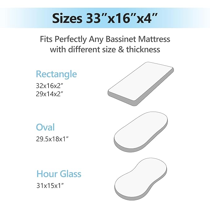 TILLYOU Baby Bassinet Sheets for Girls Boys, Fit for Hourglass Oval Rectangle Bassinet Mattress Sheets, 33”X16”, 2 Pack Elephant & Cloud Gray