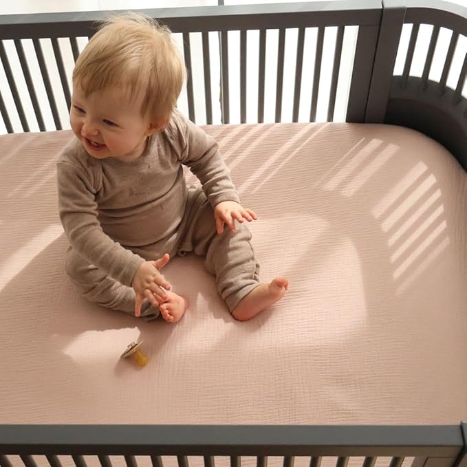Crib Sheets – Organic Cotton Muslin Fitted Crib Sheet – Standard Size for Baby Boy and Baby Girl 28" x 52" Ultra-Soft and Breathable. (Blush)