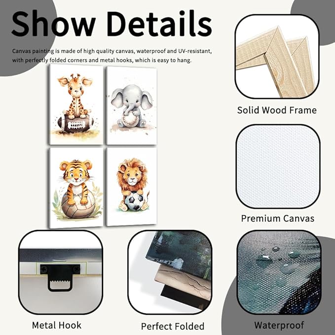 Nursery Animal Wall Art 4 Piece Cute Giraffe Elephant Tiger Lion Canvas Prints Sport Animals Paintings Watercolor Pictures for Kids Room Nursery Decor Frame(Animal-2,20.00" x 30.00" x 4Pcs)