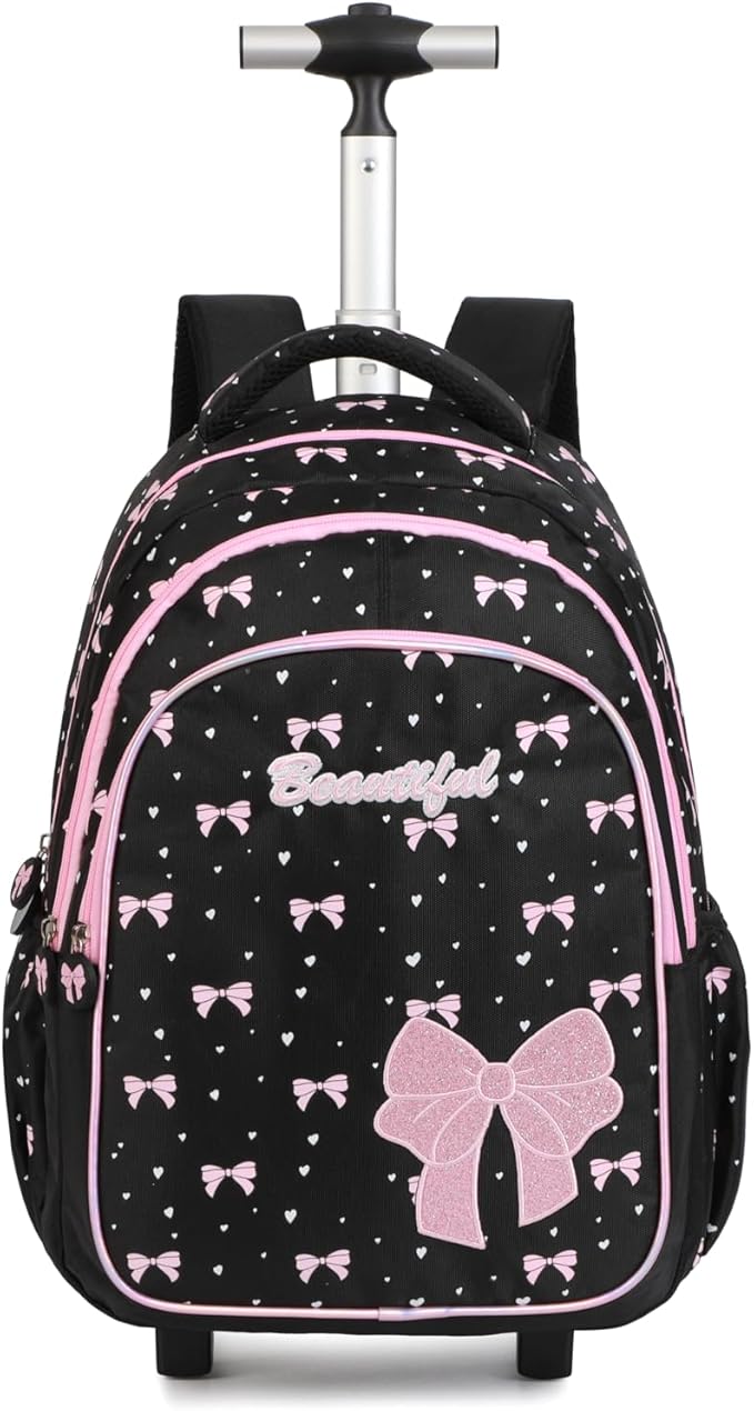 kingdisen Women Large Rolling travel Backpack for kids, Wheeled Backpack with Adjustable Shoulder Straps, Nylon Book Bag 3pc Set (BOWKNOT BLACK)