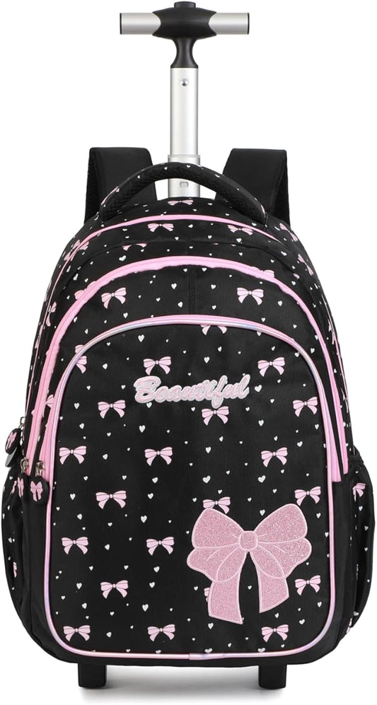 kingdisen Women Large Rolling travel Backpack for kids, Wheeled Backpack with Adjustable Shoulder Straps, Nylon Book Bag 3pc Set (BOWKNOT BLACK)