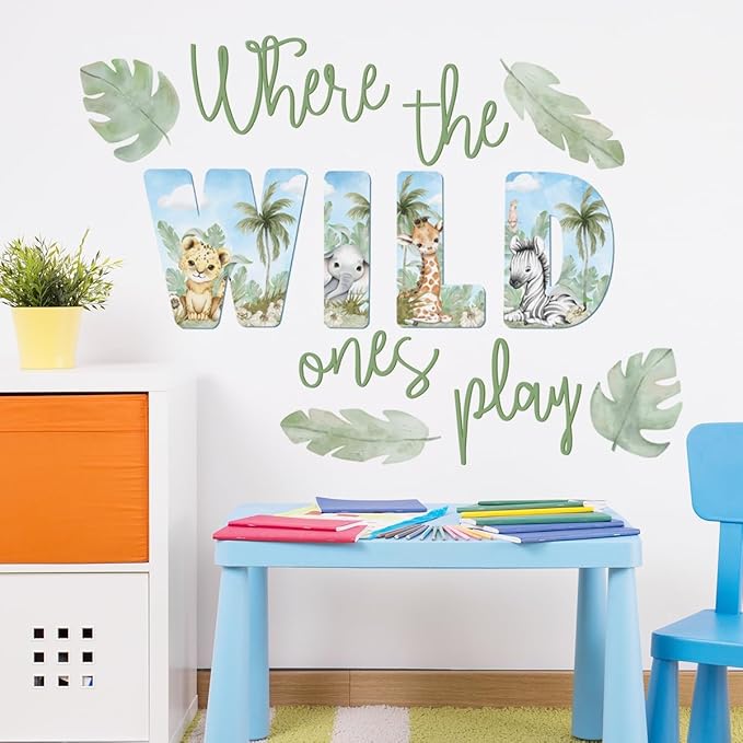 27.95x21.65 Inches Watercolor Wild Jungle Animal Wall Decals - Forest Safari Removable Stickers for Baby's Nursery, Playroom, Bedroom, Classroom - Tiger, Elephant, Giraffe Decor