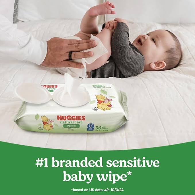 Huggies Natural Care Sensitive Baby Wipes, Unscented, Hypoallergenic, 99% Purified Water, 1 Flip-Top Pack (56 Wipes Total) (Pack of 3)