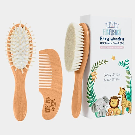 Baby Hair Brush Set for Newborns & Toddlers - Baby Brush and Comb Set - Ultra Soft Goat Hair Bristles, Perfect for Cradle Cap, Newborn Showers & Registries Gift, Comb Brush for Girls & Boys (Walnut)