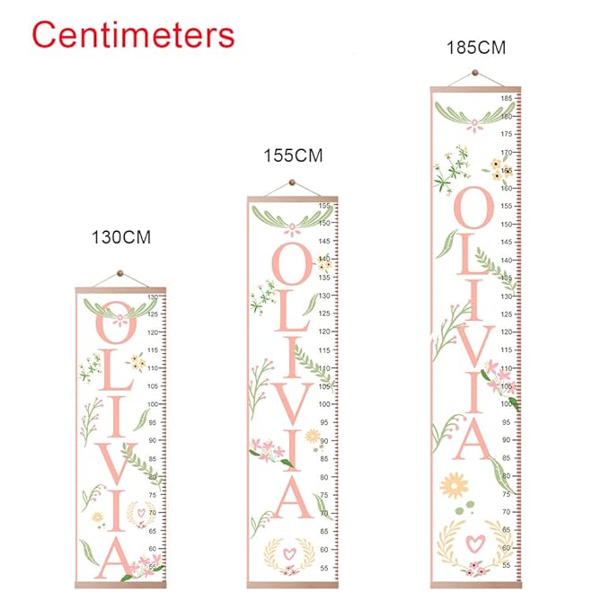 Personalized Name Kids Growth Chart Ruler Flower Dinosaur Growth Ruler Canvas Wall Ruler Oak Solar Woodland Theme Kids Height Chart Baby Wall Growth Chart with Custom Name (Flower)