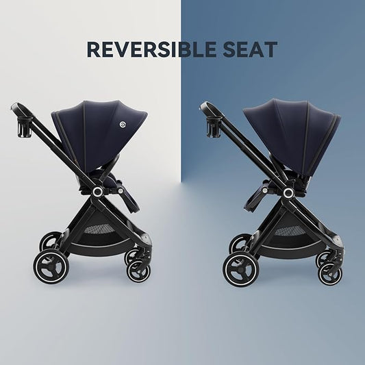 EMU Full-Size Foldable Baby Stroller Full Recline Cockpit Compact Toddler Stroller with Reversible Seat All-Terrain Newborn Infant Pram Carriage for City Outdoor - Dark Blue