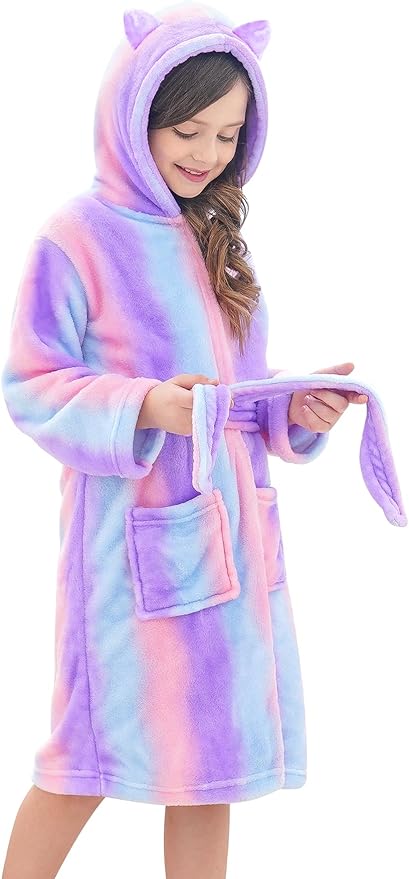 Doctor Unicorn Girls Leopard Cat Robe Kids Fleece Warm Hooded Bathrobe