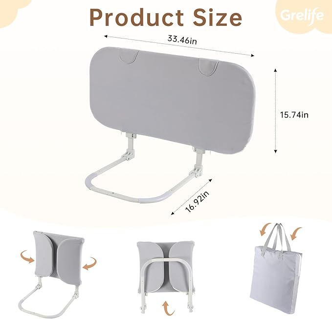 Grelife 33" Travel Bed Rail for Toddlers (Compact), Fast Install, Portable Adjustable Height, Tall Toddler Bed Rails for Crib, Single, Twin Bed, Foldable Baby Bed Rail Guard for Box, Flat Bed