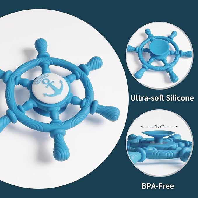 Bathtub Suction Spinner Toys - Silicone Bath & High Chair Sensory Toy for Babies & Toddlers, Novelty Spinners with Suction Cup, Car Window Travel Toys (Ship Steering Wheel Toy - Bubble Blue)