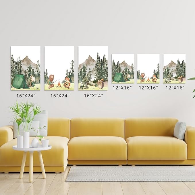 Camping Nursery Wall Art, Woodland Hiking Nursery Wall Decor, Bear Fox Print, Mountain Forest Wall Art, Outdoor Adventure Nature Picture for Baby Boy Girl Room Decor, Framed Set of 3, 16"x24"x3