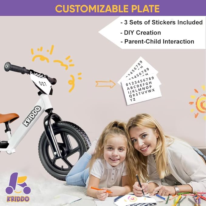 KRIDDO Toddler Balance Bike 2 Year Old, Age 24 Months to 5 Years Old, 12 Inch Push Bicycle with Customize Plate (3 Sets of Stickers Included), Gift Bike for 2-3 Boys Girls, White Sport