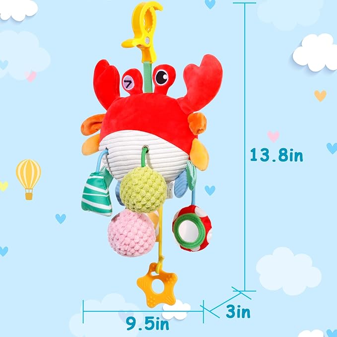 Car Seat & Stroller Toys for Babies 0-6 Months, Crab Baby Car Seat Toys for Boys Girls, Infant Newborn Stroller Toys with Beep, Mirror, Small Bell, Baby Teether, and Soft Ball for Ages 0 Months and Up