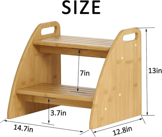 Step Stool, Two Stepping Stool 300lbs Capacity, with Non-Slip Handles and Pads,Bamboo Step Stool for Bathroom Sink, Perfect Natural Wooden Step Stool for Kitchen